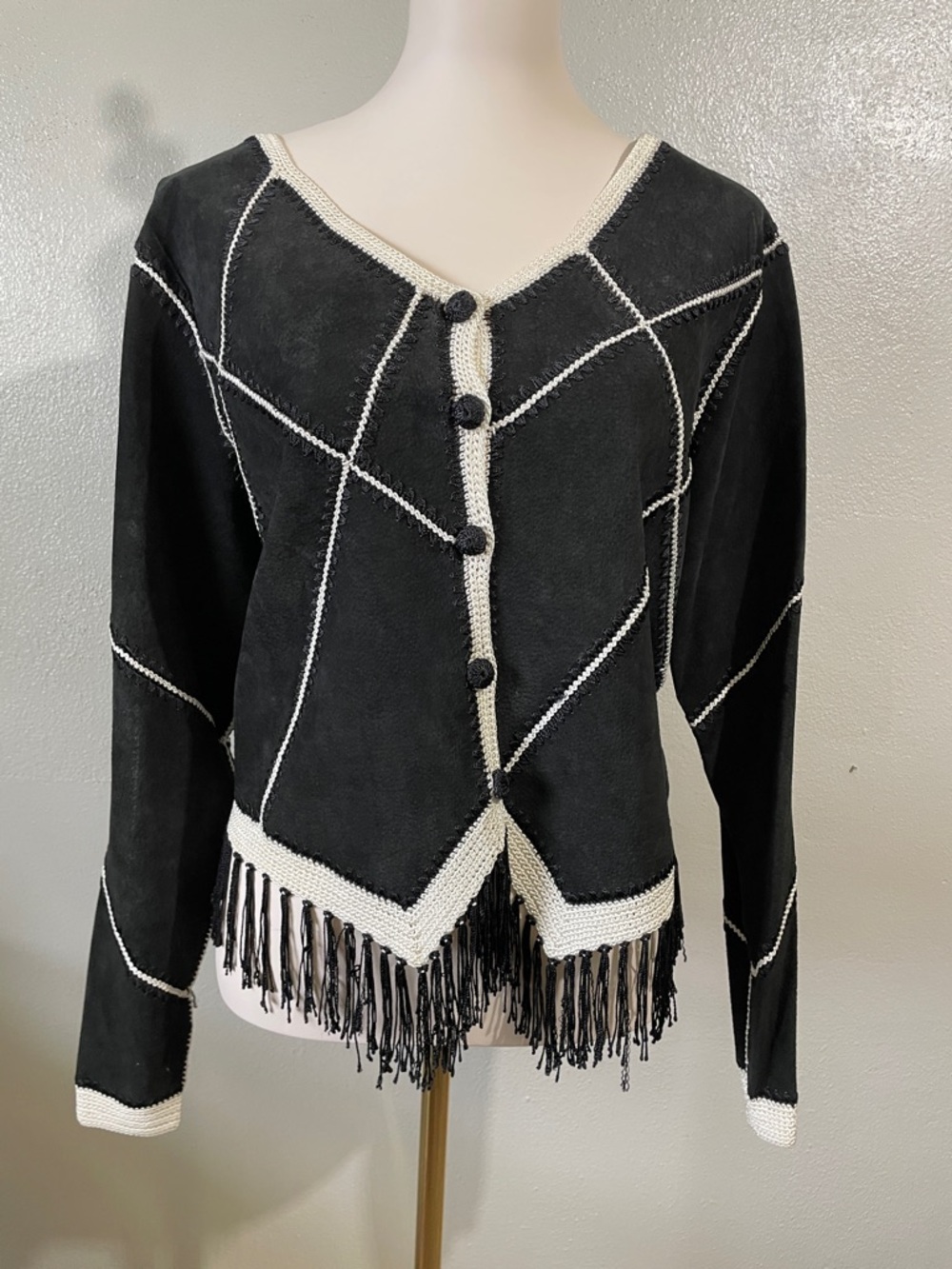 Patchwork Crochet Western Fringe Suede LeatherJacket Black Sz 14 VTG Lew Magram